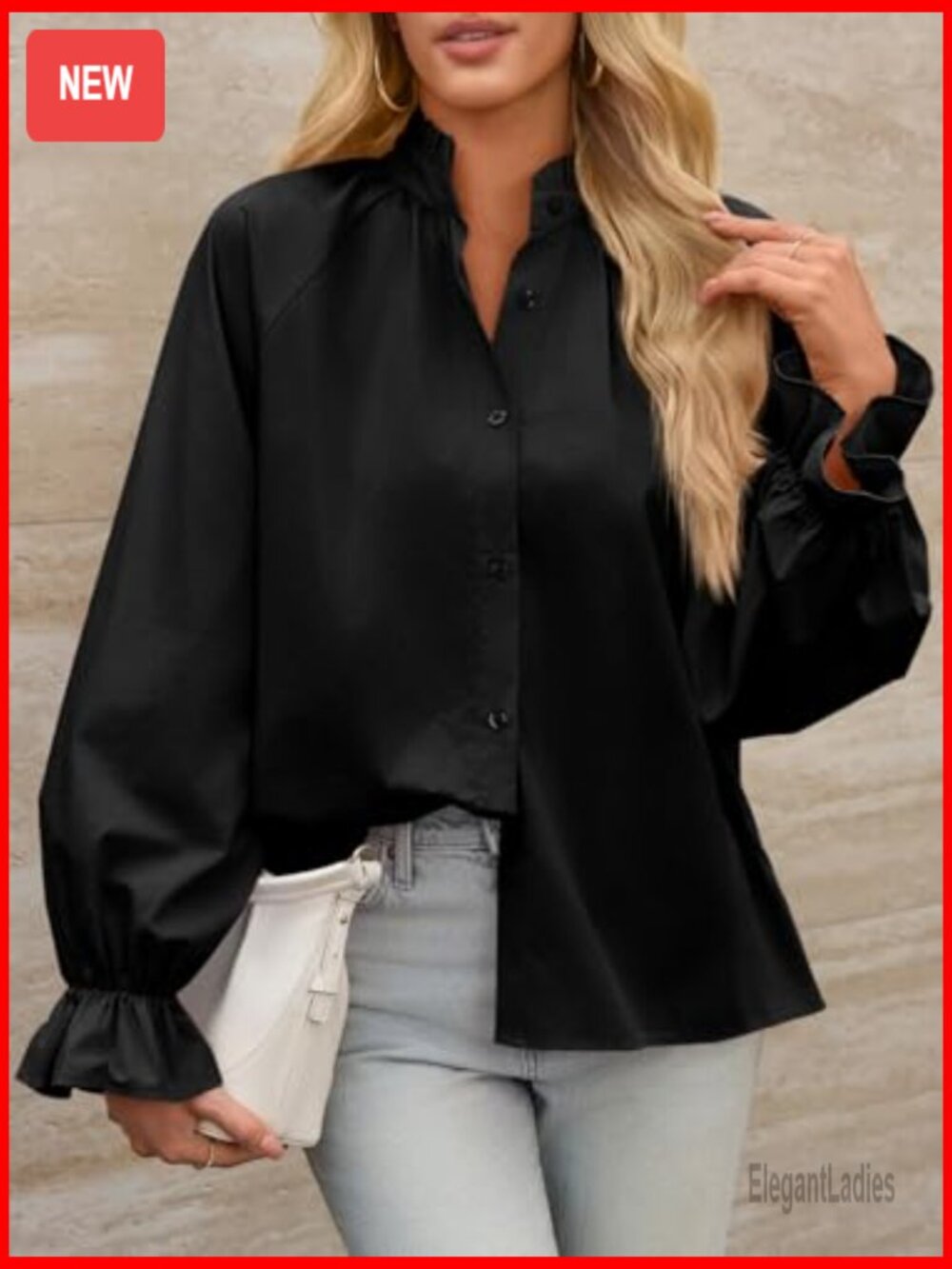 Puff Long Sleeve Button Down Shirt Pleated V Neck Cotton Blouse Loose Fit - Picture 6 of 7